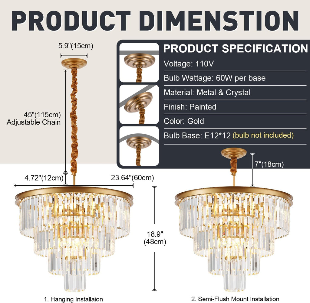 4-Tiers 23.6" Gold Crystal Chandelier Modern 12-Light Contemporary Crystal Pendant Chandeliers Light Fixture Hanging Lighting for Dinning Room Entryway Bedroom Foyer High Ceiling