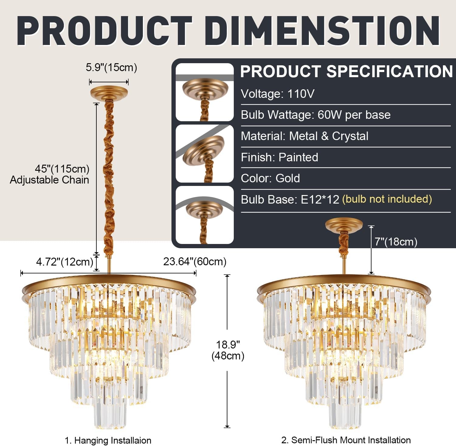 4-Tiers 23.6" Gold Crystal Chandelier Modern 12-Light Contemporary Crystal Pendant Chandeliers Light Fixture Hanging Lighting for Dinning Room Entryway Bedroom Foyer High Ceiling