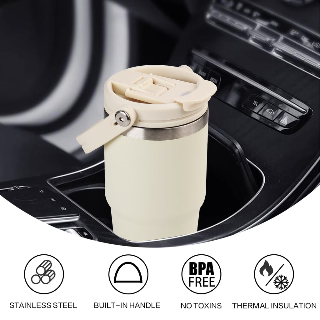 20 Oz Insulated Water Bottles with Straw Lid, Double Walled Vacuum Stainless Steel Travel Tumbler with Handle and Straw, Wide Mouth Thermos Bottle, Ivory