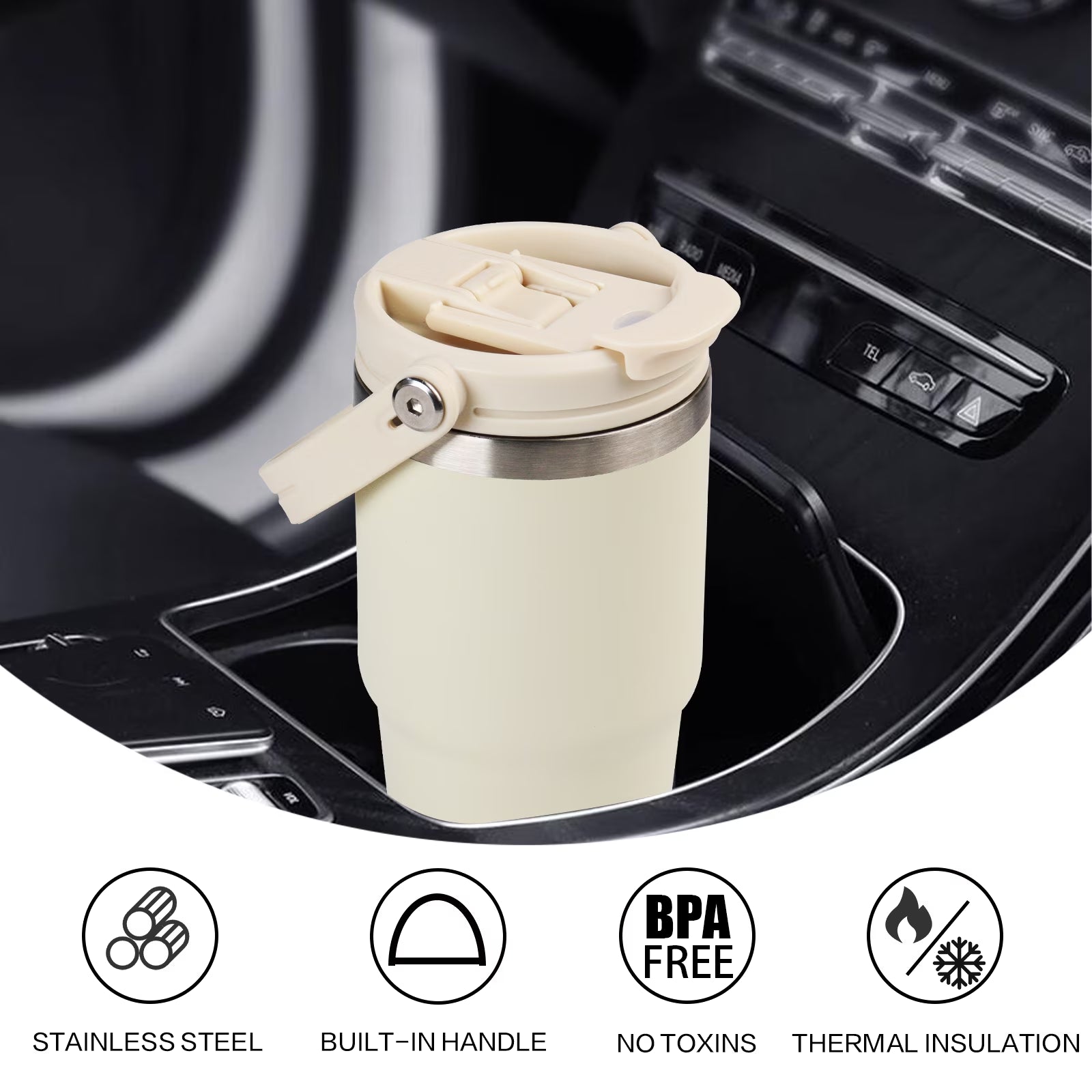 20 Oz Insulated Water Bottles with Straw Lid, Double Walled Vacuum Stainless Steel Travel Tumbler with Handle and Straw, Wide Mouth Thermos Bottle, Ivory
