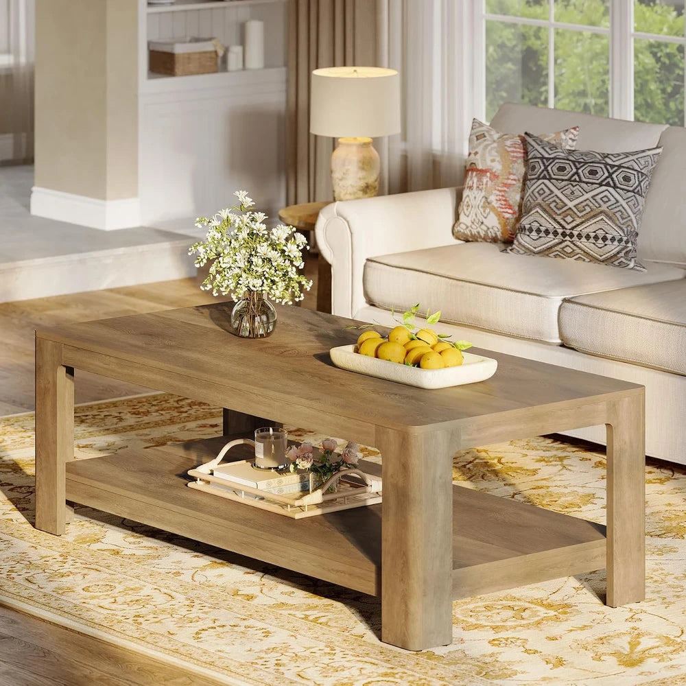 Natural Wood 2-Tier Coffee Table