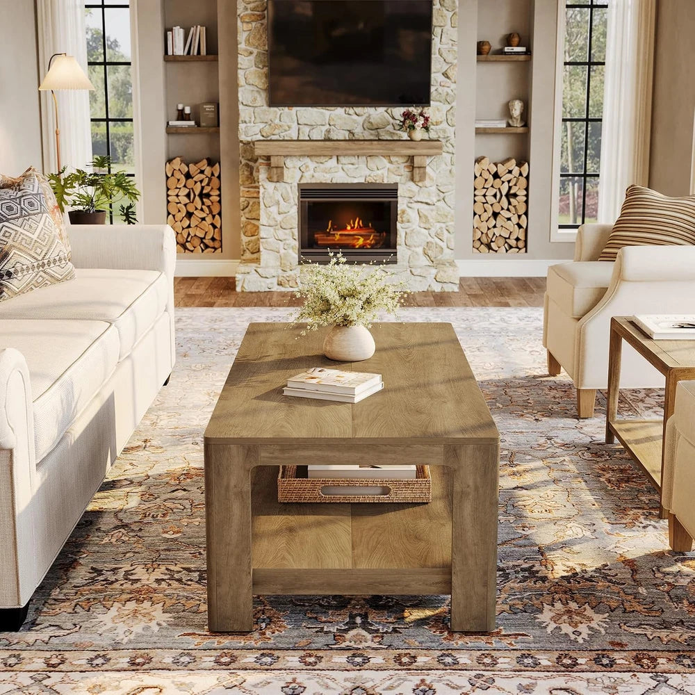 Natural Wood 2-Tier Coffee Table
