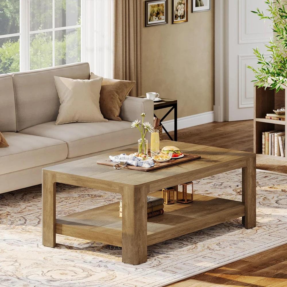Natural Wood 2-Tier Coffee Table