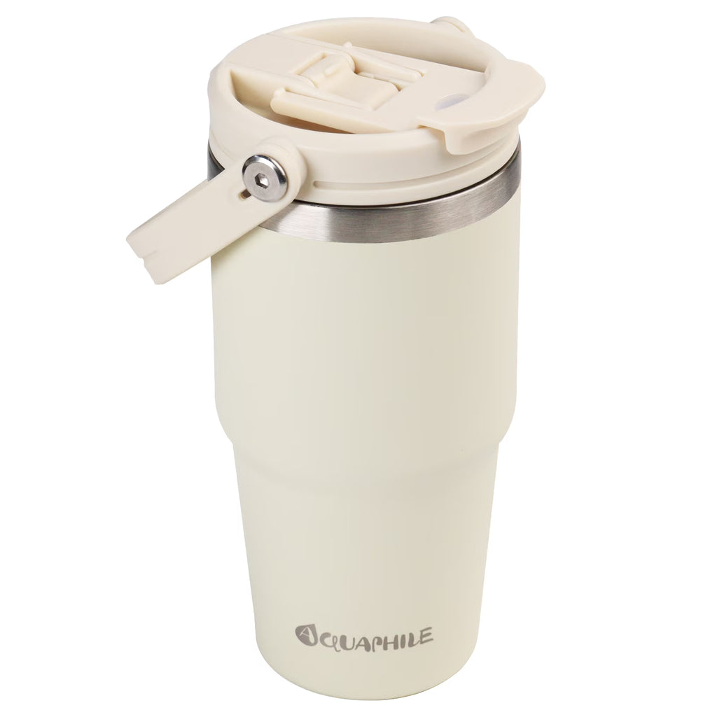 20 Oz Insulated Water Bottles with Straw Lid, Double Walled Vacuum Stainless Steel Travel Tumbler with Handle and Straw, Wide Mouth Thermos Bottle, Ivory