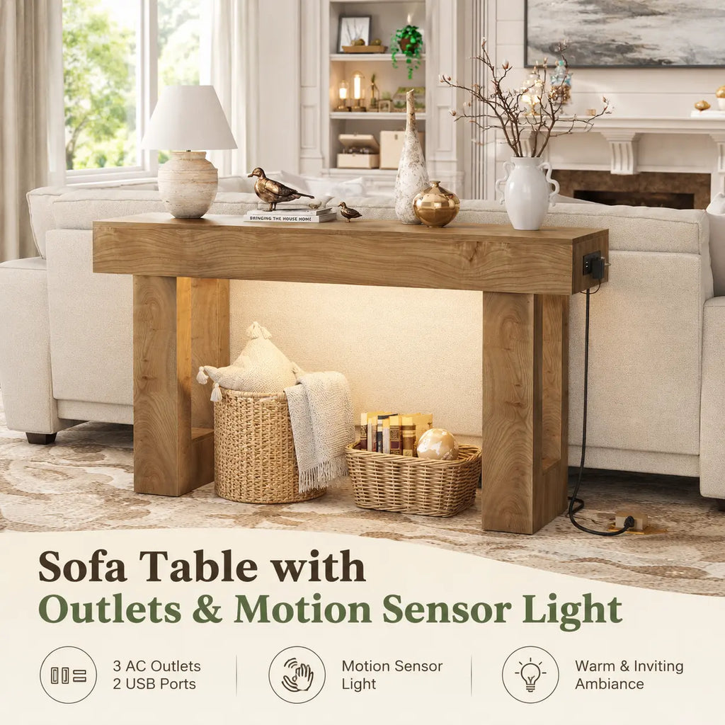 47'' Farmhouse Console Table with Power Outlets and Motion Sensor Light, Wooden Entryway Table Sofa Table for Entrance, Hallway, Living Room,Dorm Essentials,Home Decor