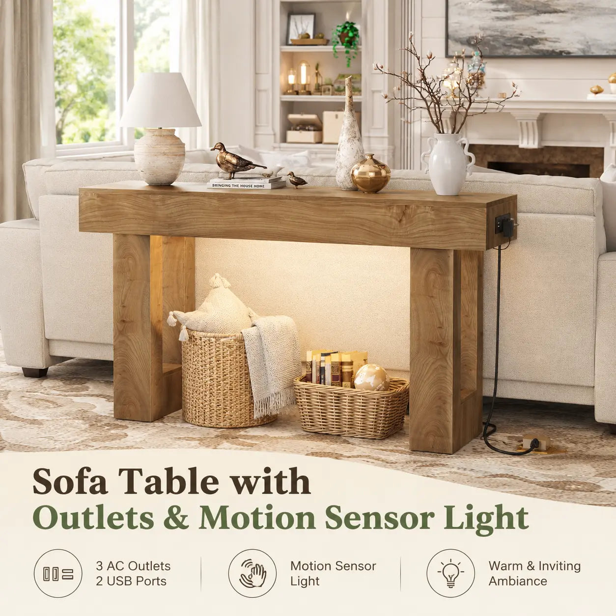 47'' Farmhouse Console Table with Power Outlets and Motion Sensor Light, Wooden Entryway Table Sofa Table for Entrance, Hallway, Living Room,Dorm Essentials,Home Decor