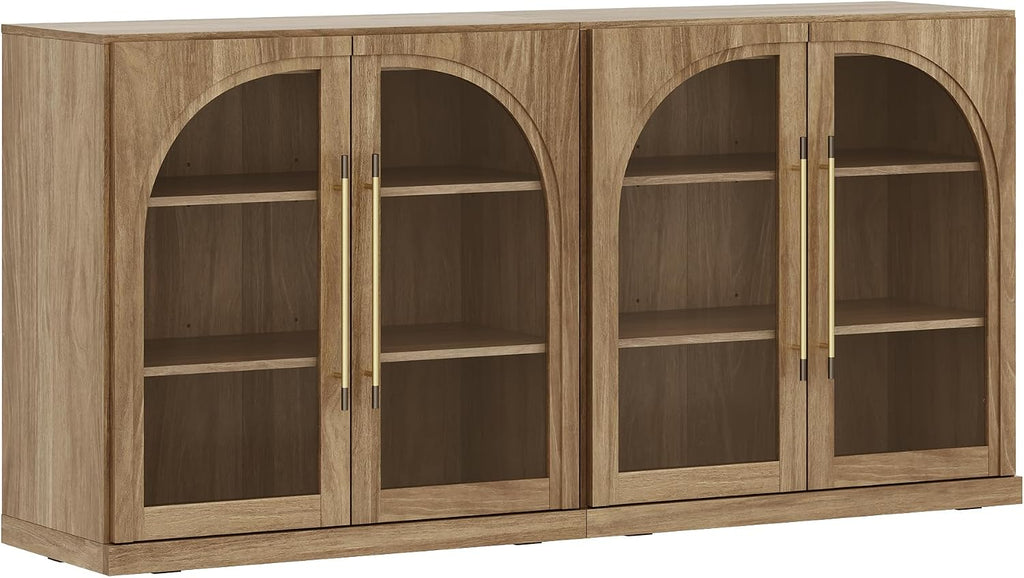 Set of 2 Modular Sideboard with Arched Glass Door, 65'' Accent Display Buffet Cabinet with Storage and Adjustable Shelves,Classic Modern Credenza for Living Room Kitchen Entryway (Camel)