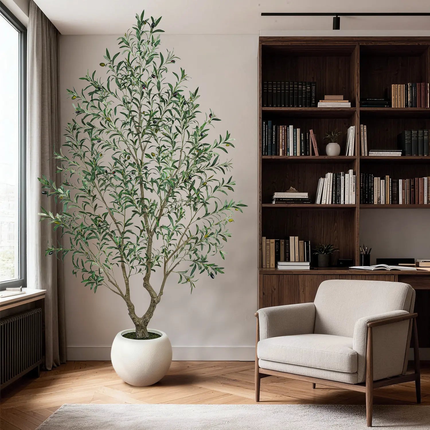 Artificial Olive Tree (Optional round White Plastic Pot) — Features a Sturdy Trunk and Realistic Fruit; Available in Heights Ranging from 5 to 8 Feet, Making It an Ideal Choice for Home and Office Décor