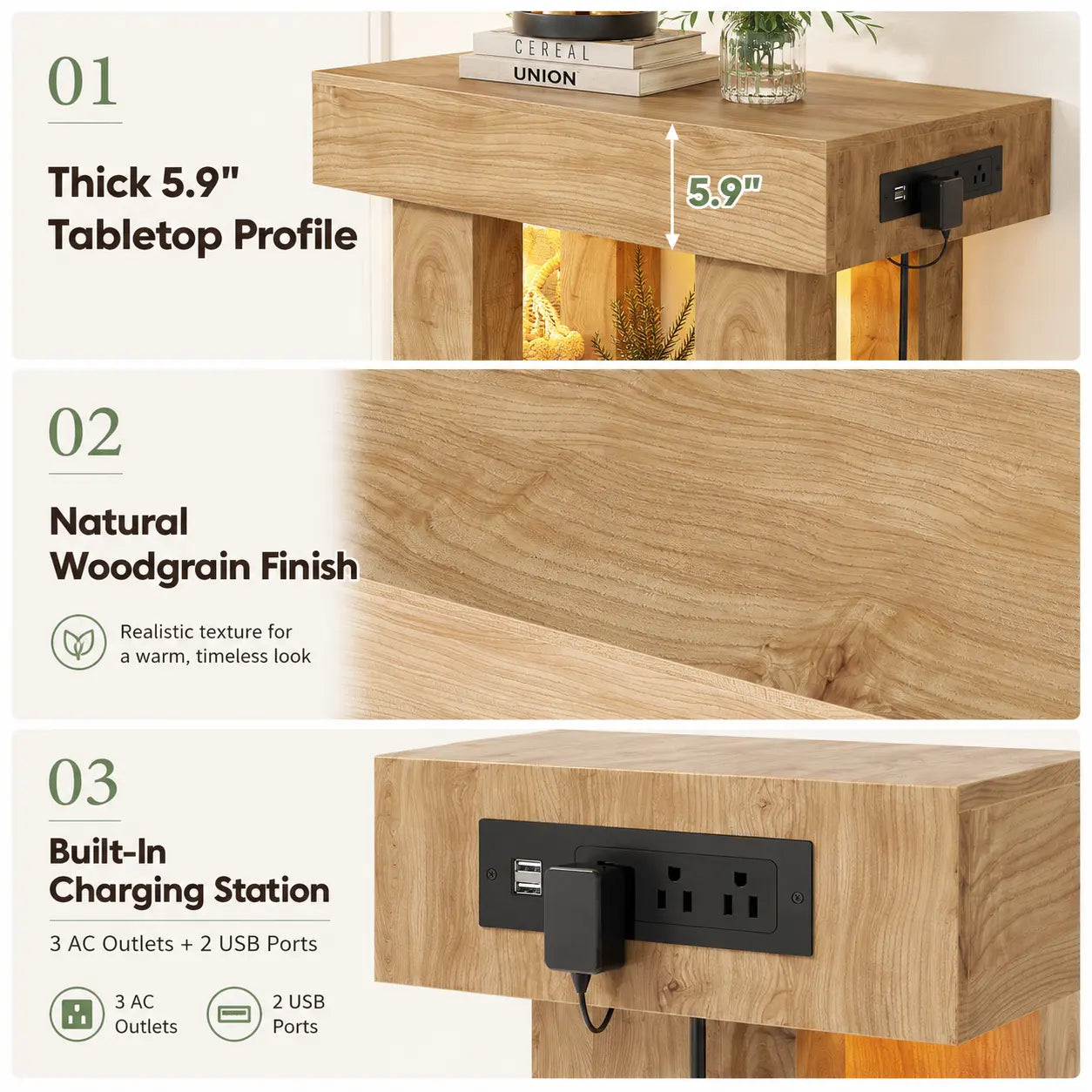 47'' Farmhouse Console Table with Power Outlets and Motion Sensor Light, Wooden Entryway Table Sofa Table for Entrance, Hallway, Living Room,Dorm Essentials,Home Decor