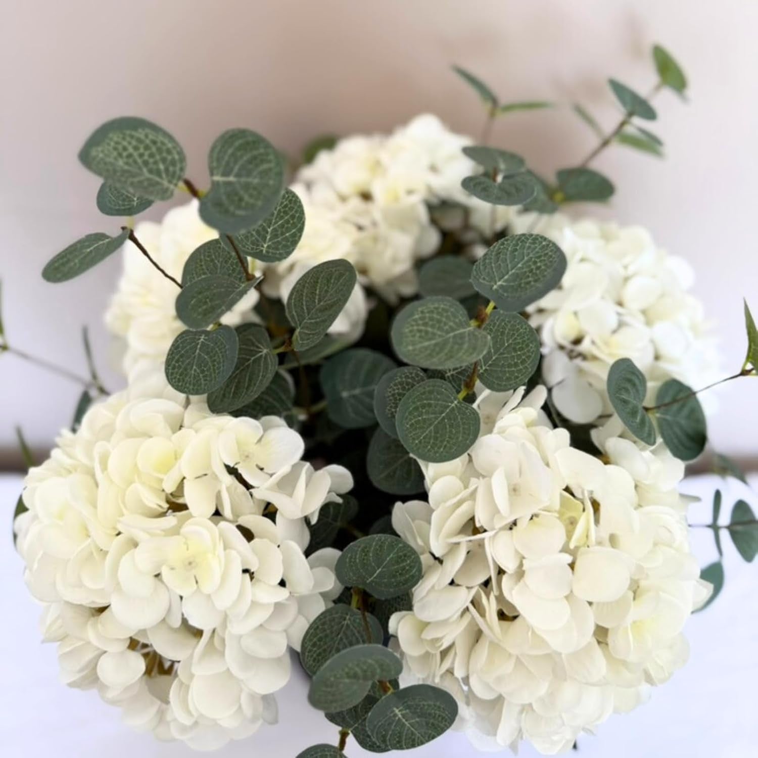 Real Touch White Faux Hydrangea and Eucalyptus Arrangement, Faux Floral Arrangements, Hyper Realistic Artificial Flowers, White Centerpieces for Kitchen Dining Coffee Table Decor (Vase Not Included)