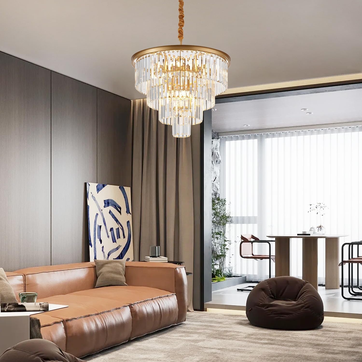 4-Tiers 23.6" Gold Crystal Chandelier Modern 12-Light Contemporary Crystal Pendant Chandeliers Light Fixture Hanging Lighting for Dinning Room Entryway Bedroom Foyer High Ceiling