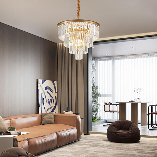 4-Tiers 23.6" Gold Crystal Chandelier Modern 12-Light Contemporary Crystal Pendant Chandeliers Light Fixture Hanging Lighting for Dinning Room Entryway Bedroom Foyer High Ceiling