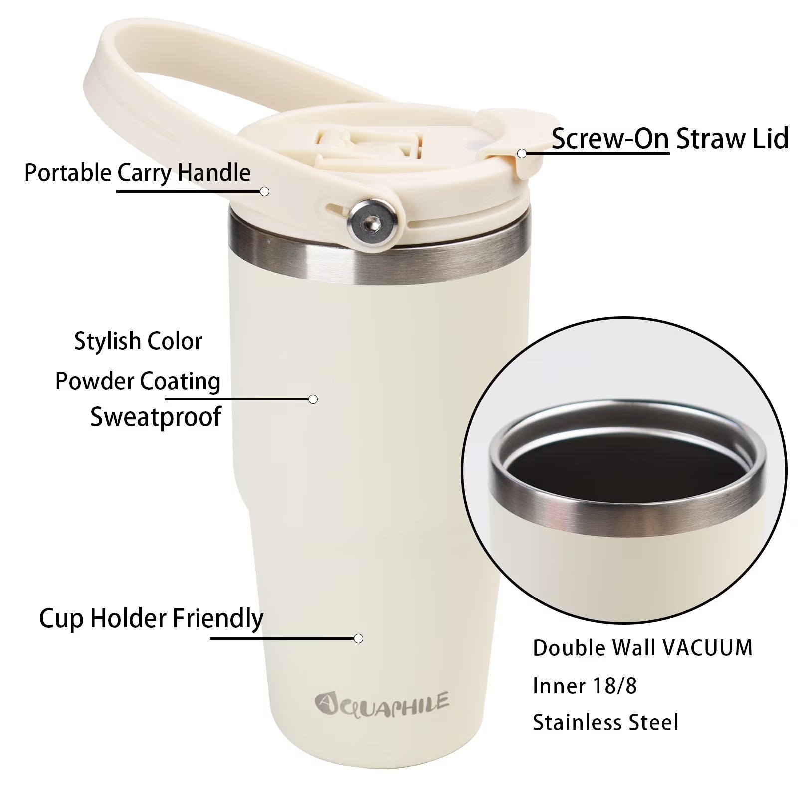 20 Oz Insulated Water Bottles with Straw Lid, Double Walled Vacuum Stainless Steel Travel Tumbler with Handle and Straw, Wide Mouth Thermos Bottle, Ivory