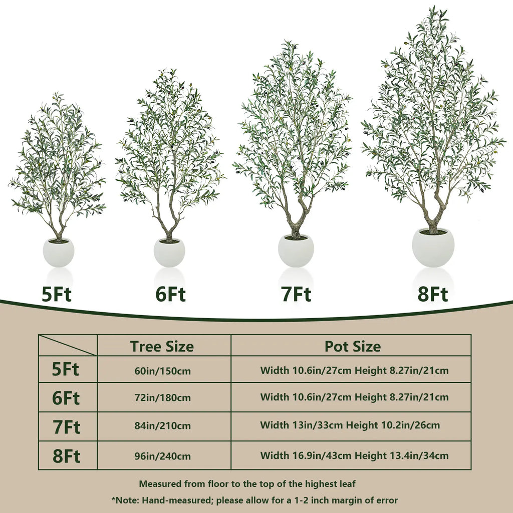 Artificial Olive Tree (Optional round White Plastic Pot) — Features a Sturdy Trunk and Realistic Fruit; Available in Heights Ranging from 5 to 8 Feet, Making It an Ideal Choice for Home and Office Décor
