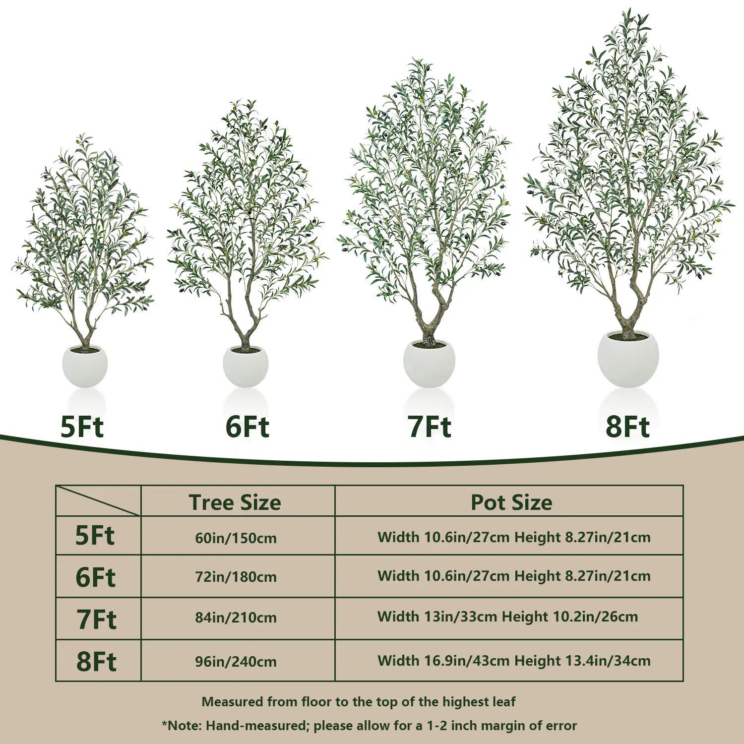 Artificial Olive Tree (Optional round White Plastic Pot) — Features a Sturdy Trunk and Realistic Fruit; Available in Heights Ranging from 5 to 8 Feet, Making It an Ideal Choice for Home and Office Décor