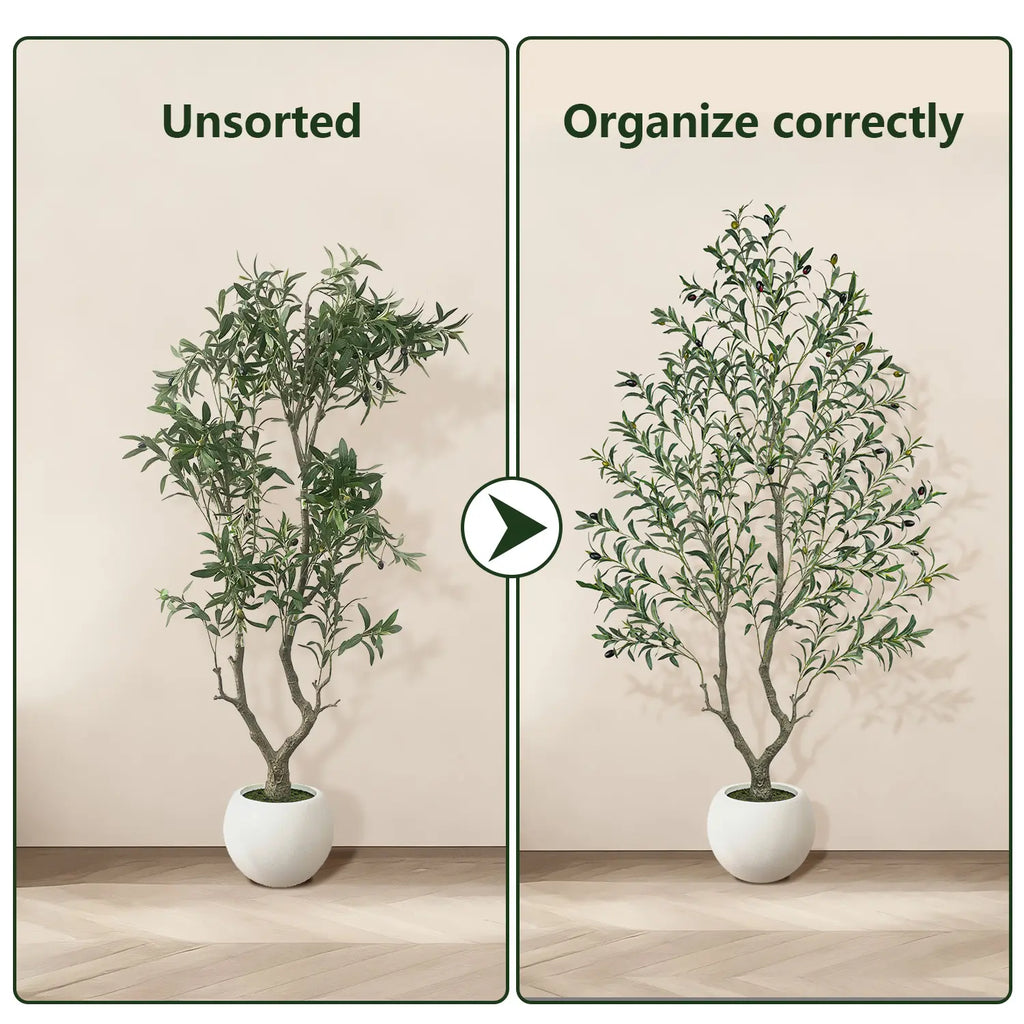 Artificial Olive Tree (Optional round White Plastic Pot) — Features a Sturdy Trunk and Realistic Fruit; Available in Heights Ranging from 5 to 8 Feet, Making It an Ideal Choice for Home and Office Décor