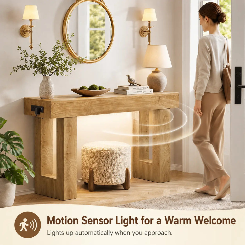 47'' Farmhouse Console Table with Power Outlets and Motion Sensor Light, Wooden Entryway Table Sofa Table for Entrance, Hallway, Living Room,Dorm Essentials,Home Decor