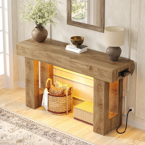 47'' Farmhouse Console Table with Power Outlets and Motion Sensor Light, Wooden Entryway Table Sofa Table for Entrance, Hallway, Living Room,Dorm Essentials,Home Decor