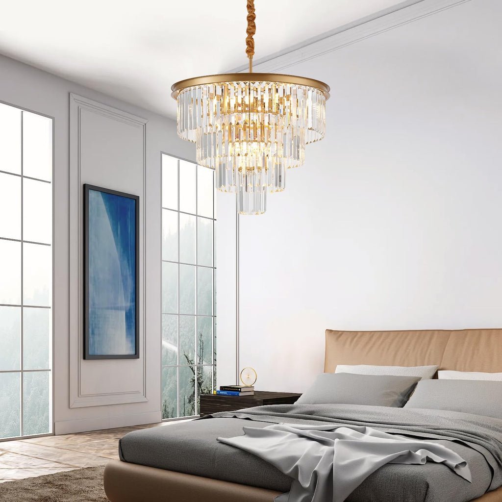 4-Tiers 23.6" Gold Crystal Chandelier Modern 12-Light Contemporary Crystal Pendant Chandeliers Light Fixture Hanging Lighting for Dinning Room Entryway Bedroom Foyer High Ceiling