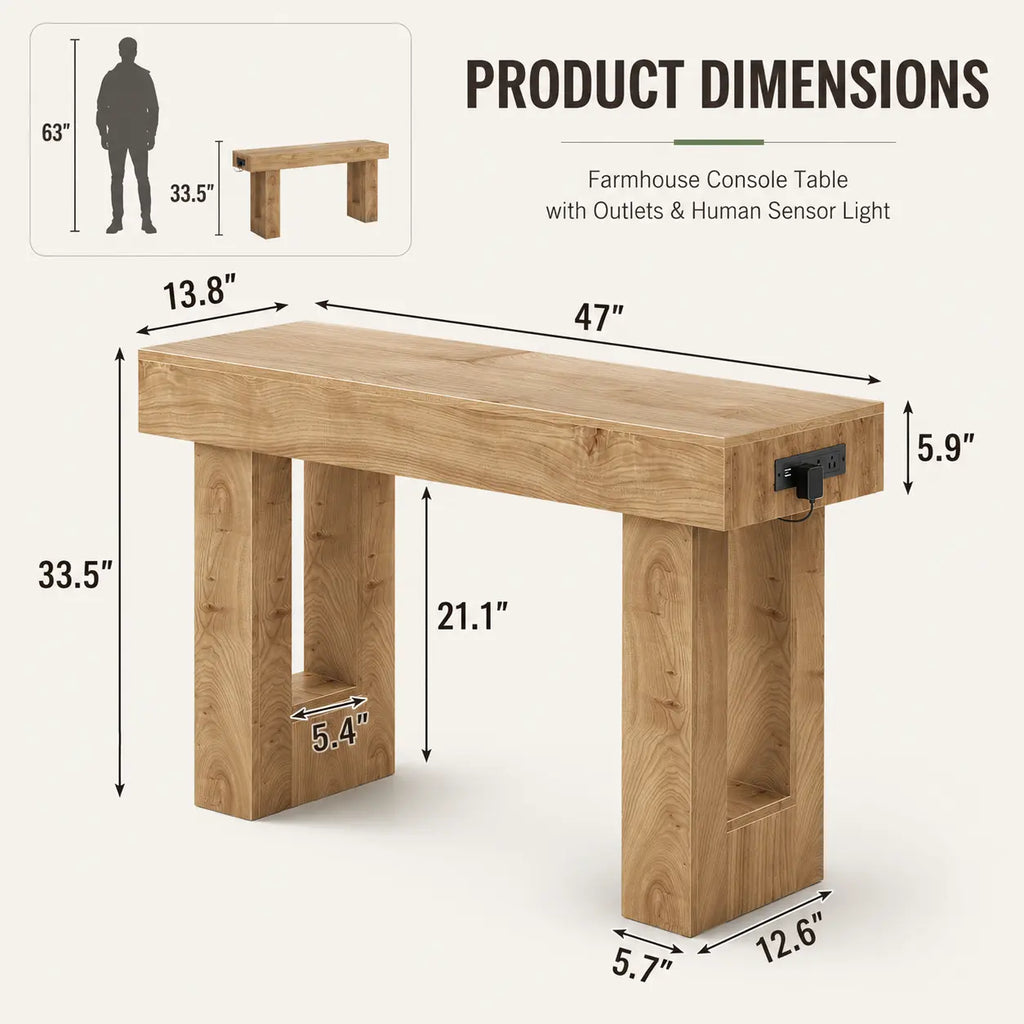 47'' Farmhouse Console Table with Power Outlets and Motion Sensor Light, Wooden Entryway Table Sofa Table for Entrance, Hallway, Living Room,Dorm Essentials,Home Decor