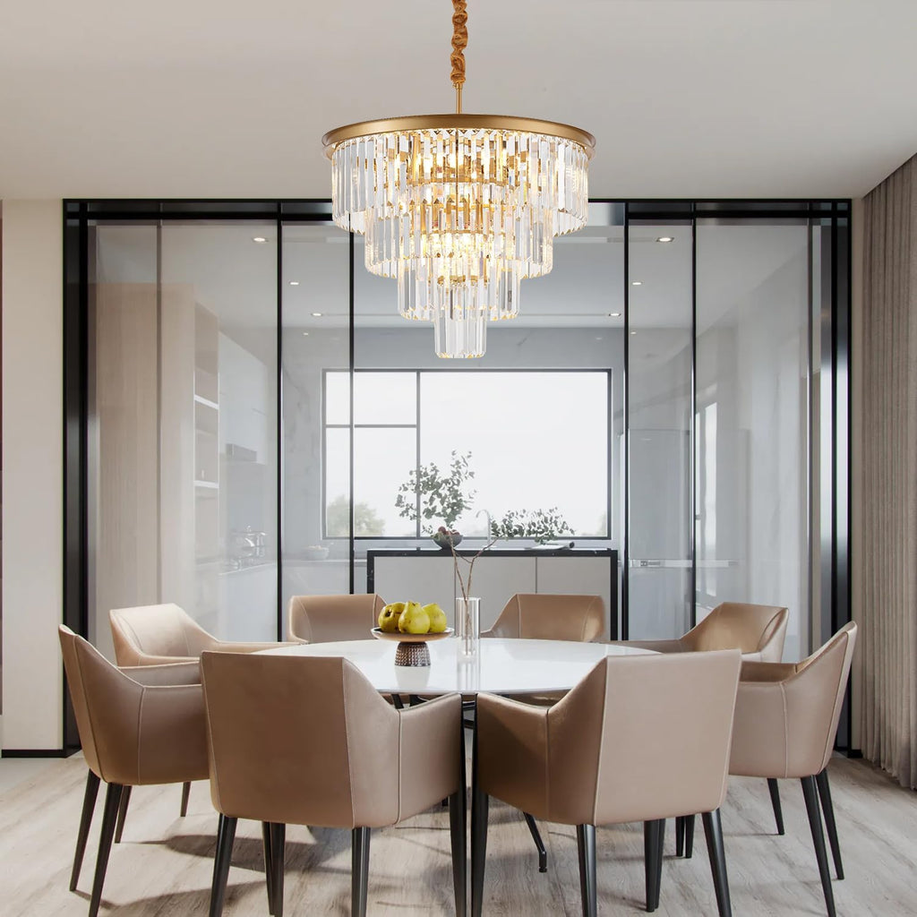 4-Tiers 23.6" Gold Crystal Chandelier Modern 12-Light Contemporary Crystal Pendant Chandeliers Light Fixture Hanging Lighting for Dinning Room Entryway Bedroom Foyer High Ceiling