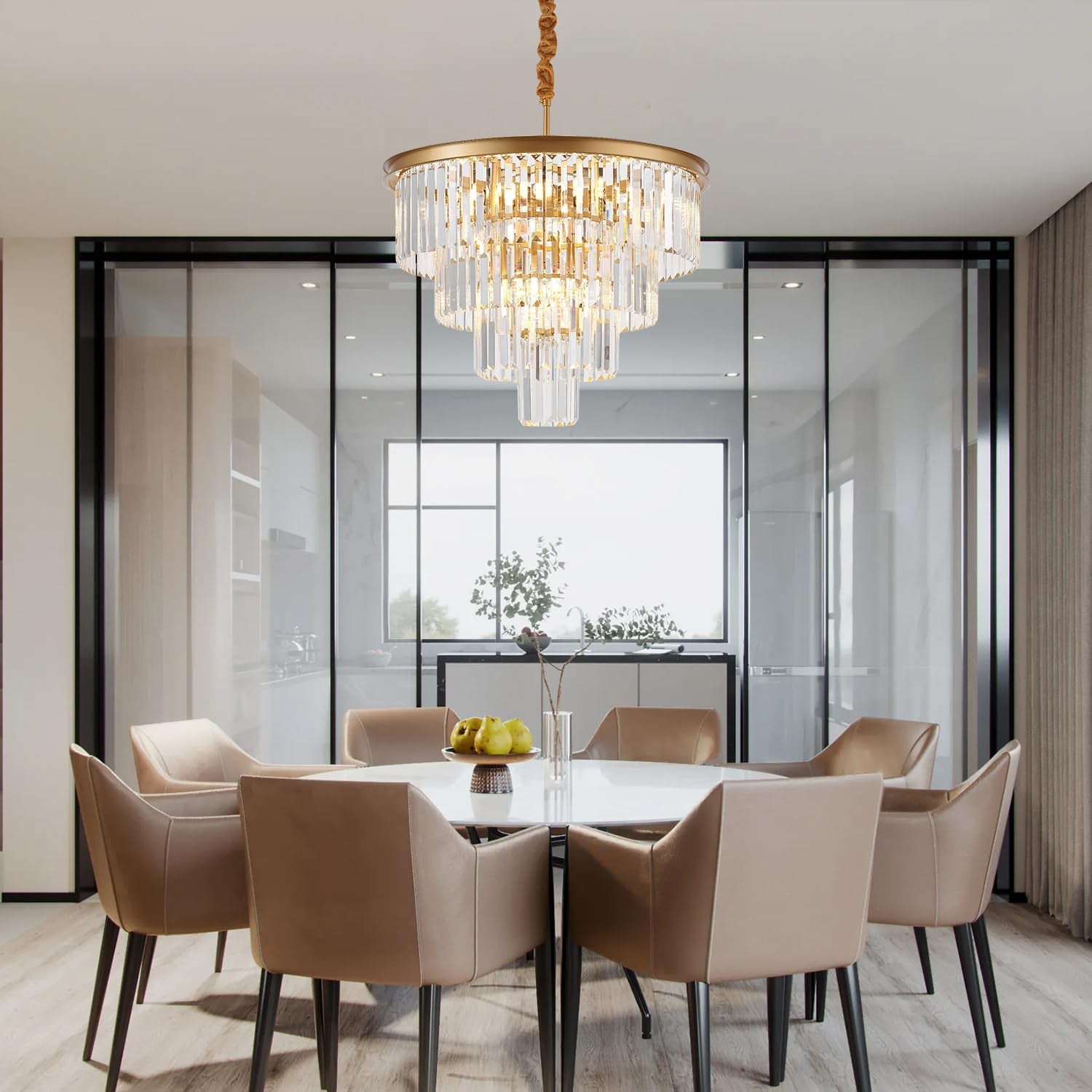 4-Tiers 23.6" Gold Crystal Chandelier Modern 12-Light Contemporary Crystal Pendant Chandeliers Light Fixture Hanging Lighting for Dinning Room Entryway Bedroom Foyer High Ceiling