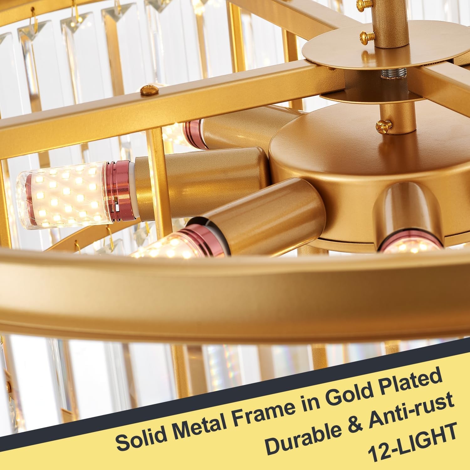 4-Tiers 23.6" Gold Crystal Chandelier Modern 12-Light Contemporary Crystal Pendant Chandeliers Light Fixture Hanging Lighting for Dinning Room Entryway Bedroom Foyer High Ceiling