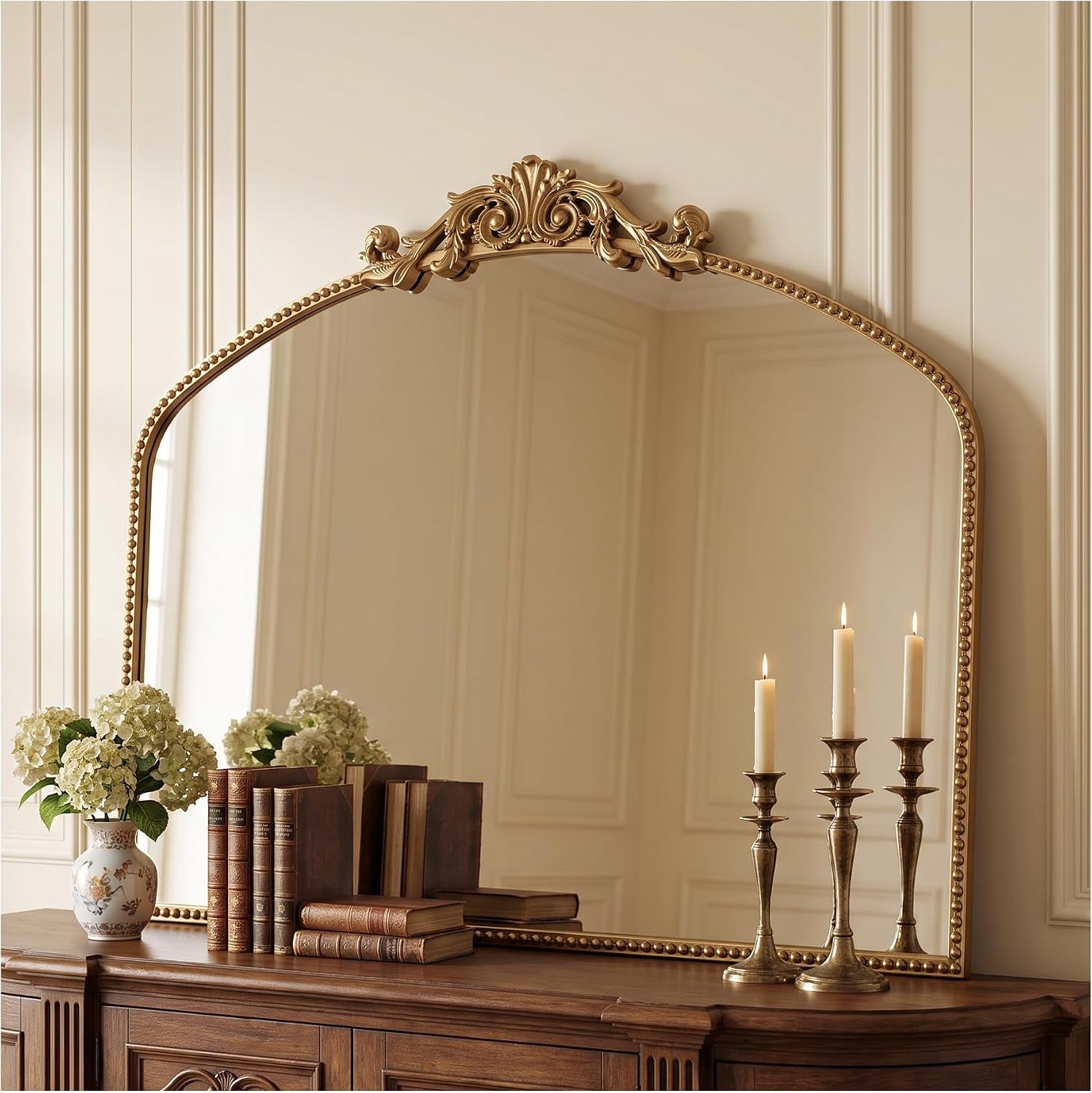 40"X30" Vintage Gold Wall Mirror, Beaded Baroque Mirror