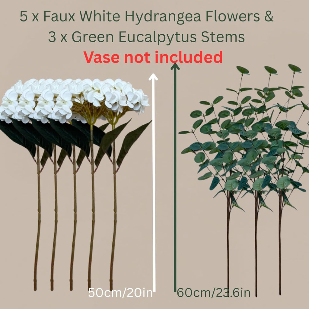Real Touch White Faux Hydrangea and Eucalyptus Arrangement, Faux Floral Arrangements, Hyper Realistic Artificial Flowers, White Centerpieces for Kitchen Dining Coffee Table Decor (Vase Not Included)