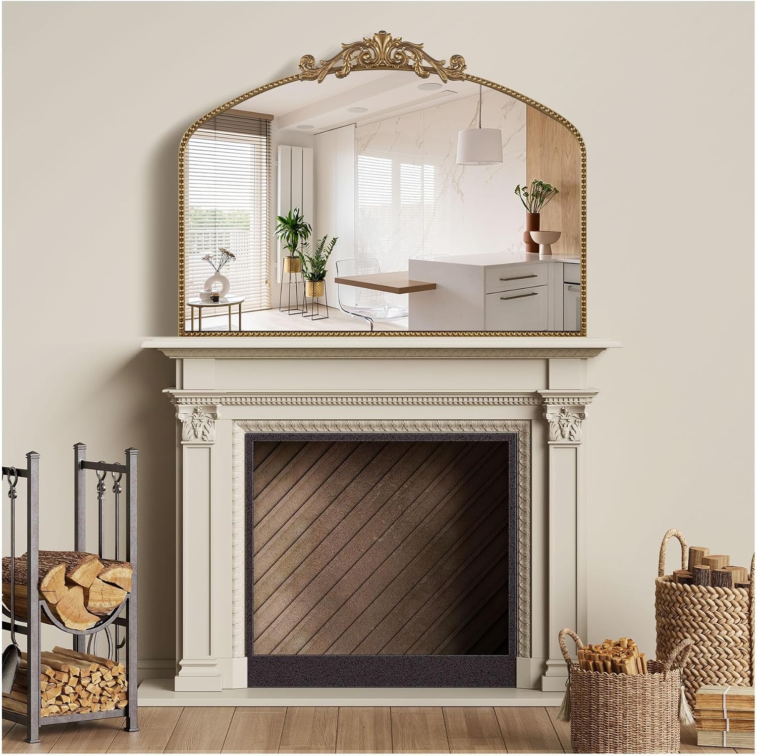 40"X30" Vintage Gold Wall Mirror, Beaded Baroque Mirror