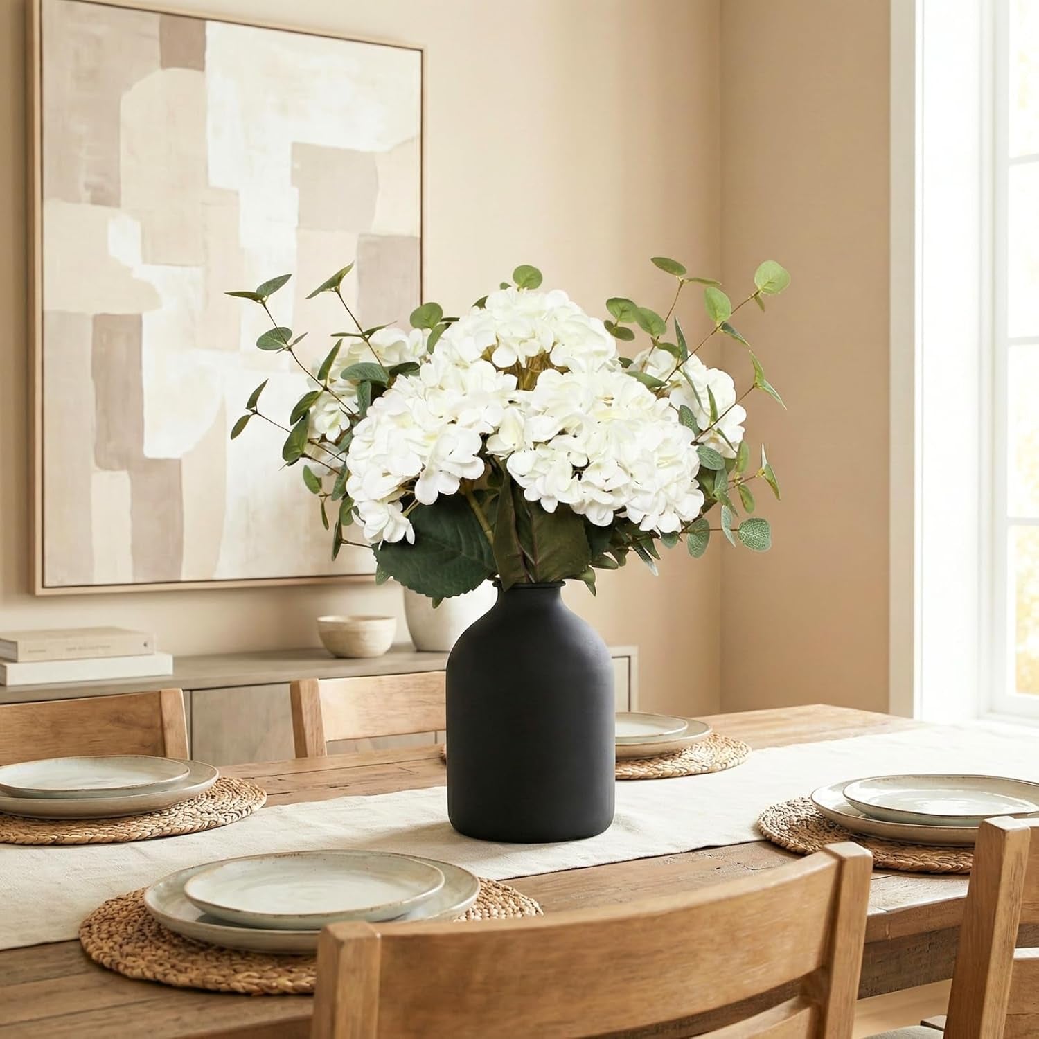Real Touch White Faux Hydrangea and Eucalyptus Arrangement, Faux Floral Arrangements, Hyper Realistic Artificial Flowers, White Centerpieces for Kitchen Dining Coffee Table Decor (Vase Not Included)