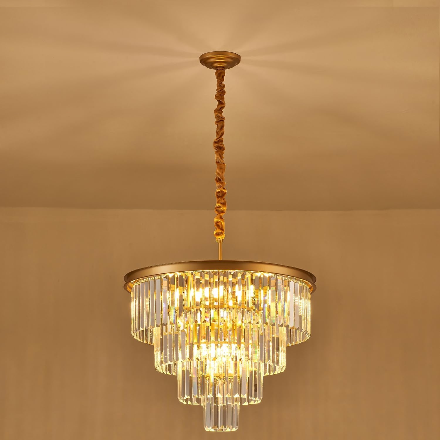 4-Tiers 23.6" Gold Crystal Chandelier Modern 12-Light Contemporary Crystal Pendant Chandeliers Light Fixture Hanging Lighting for Dinning Room Entryway Bedroom Foyer High Ceiling