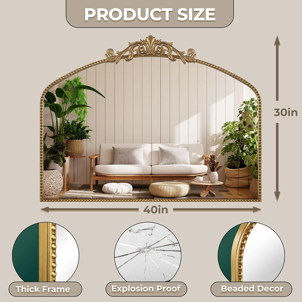 40"X30" Vintage Gold Wall Mirror, Beaded Baroque Mirror