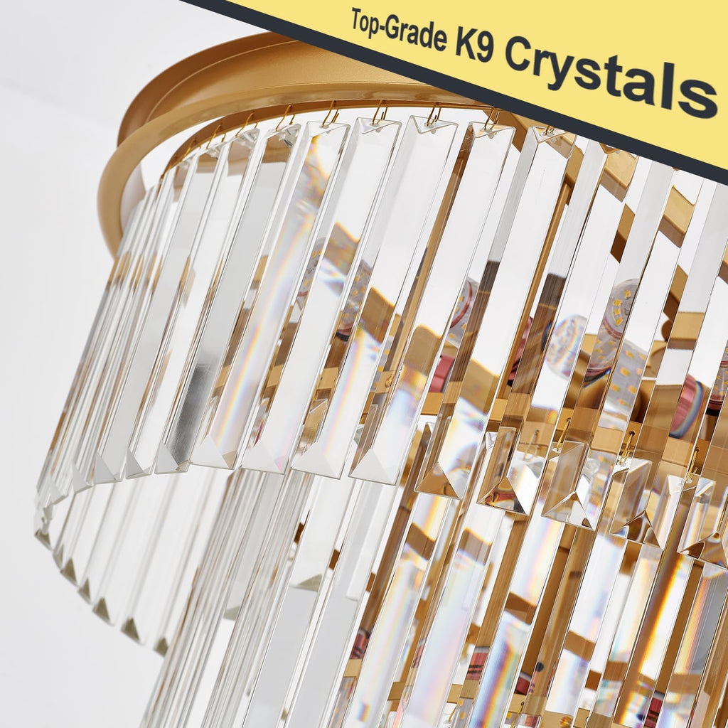 4-Tiers 23.6" Gold Crystal Chandelier Modern 12-Light Contemporary Crystal Pendant Chandeliers Light Fixture Hanging Lighting for Dinning Room Entryway Bedroom Foyer High Ceiling