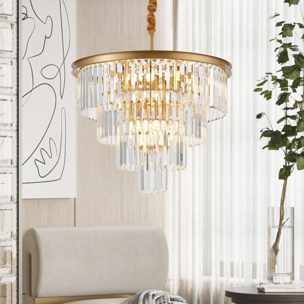 4-Tiers 23.6" Gold Crystal Chandelier Modern 12-Light Contemporary Crystal Pendant Chandeliers Light Fixture Hanging Lighting for Dinning Room Entryway Bedroom Foyer High Ceiling