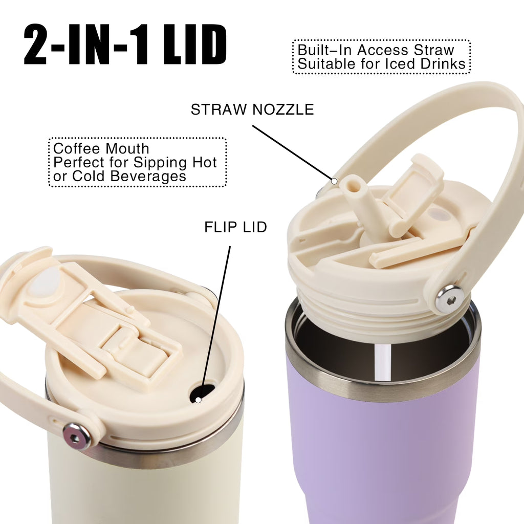 20 Oz Insulated Water Bottles with Straw Lid, Double Walled Vacuum Stainless Steel Travel Tumbler with Handle and Straw, Wide Mouth Thermos Bottle, Ivory