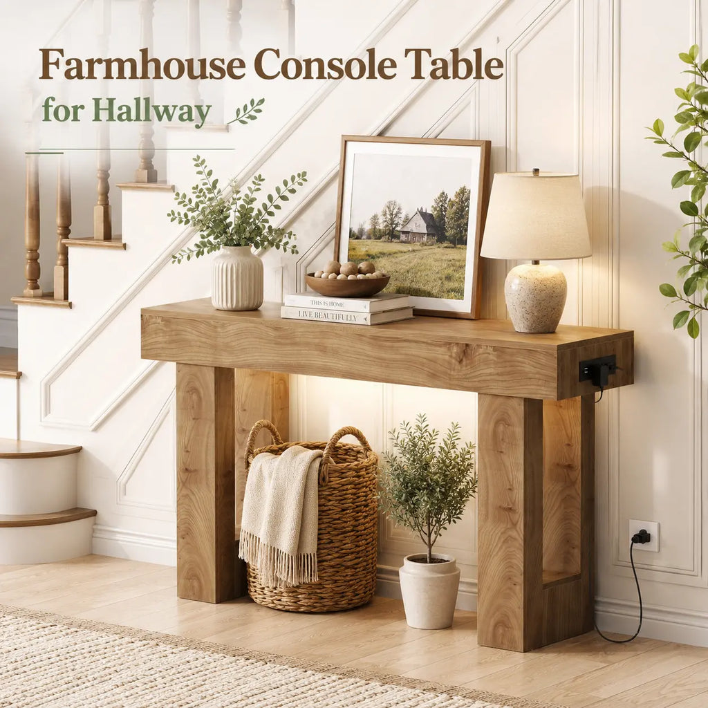 47'' Farmhouse Console Table with Power Outlets and Motion Sensor Light, Wooden Entryway Table Sofa Table for Entrance, Hallway, Living Room,Dorm Essentials,Home Decor