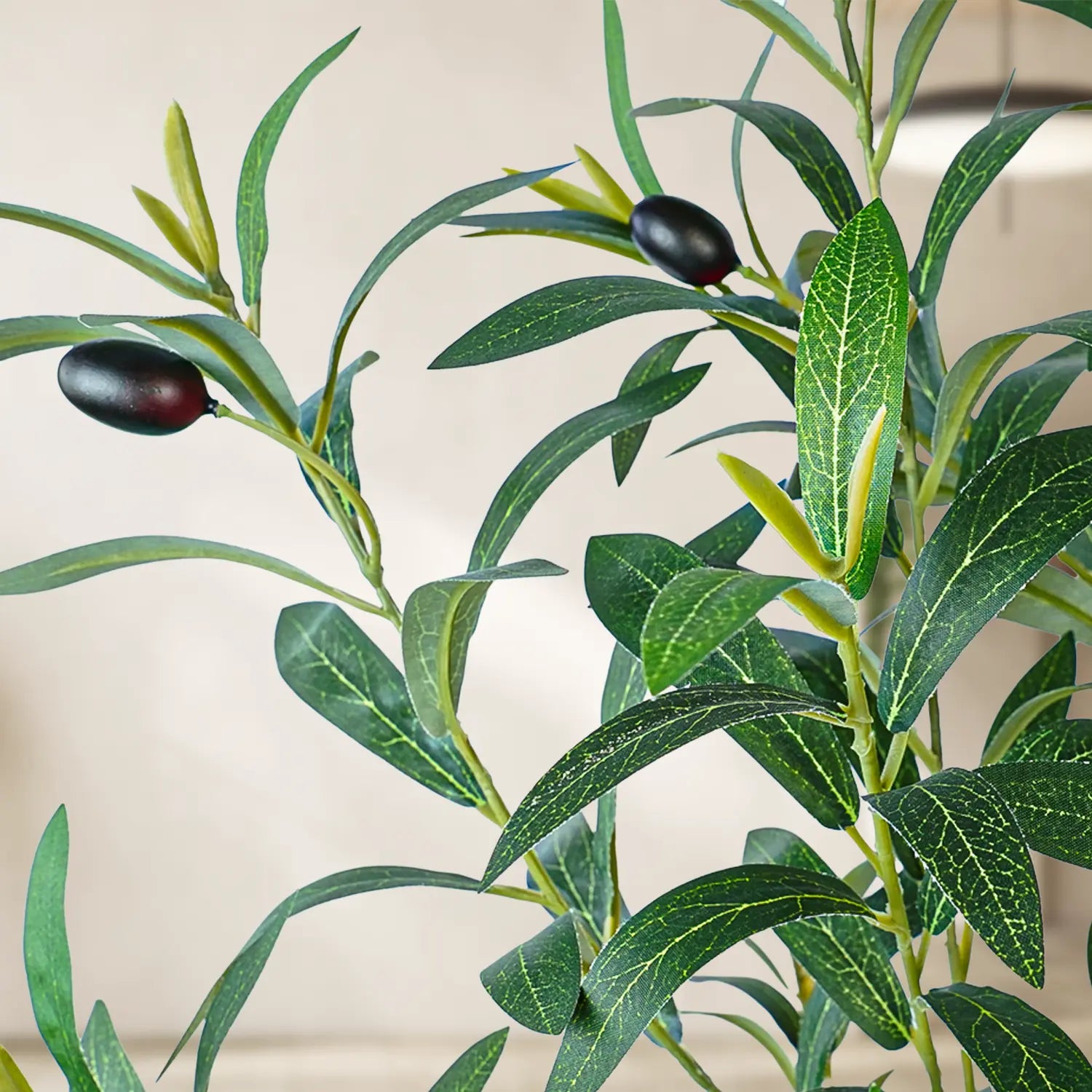 Artificial Olive Tree (Optional round White Plastic Pot) — Features a Sturdy Trunk and Realistic Fruit; Available in Heights Ranging from 5 to 8 Feet, Making It an Ideal Choice for Home and Office Décor