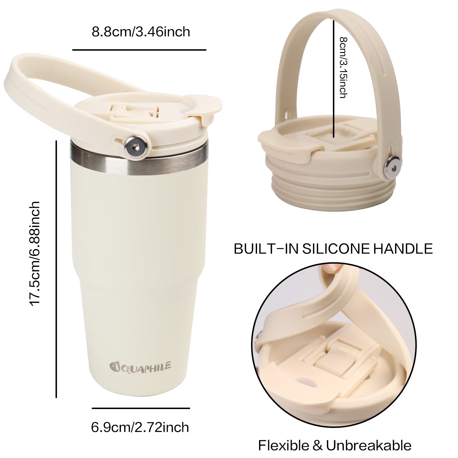20 Oz Insulated Water Bottles with Straw Lid, Double Walled Vacuum Stainless Steel Travel Tumbler with Handle and Straw, Wide Mouth Thermos Bottle, Ivory