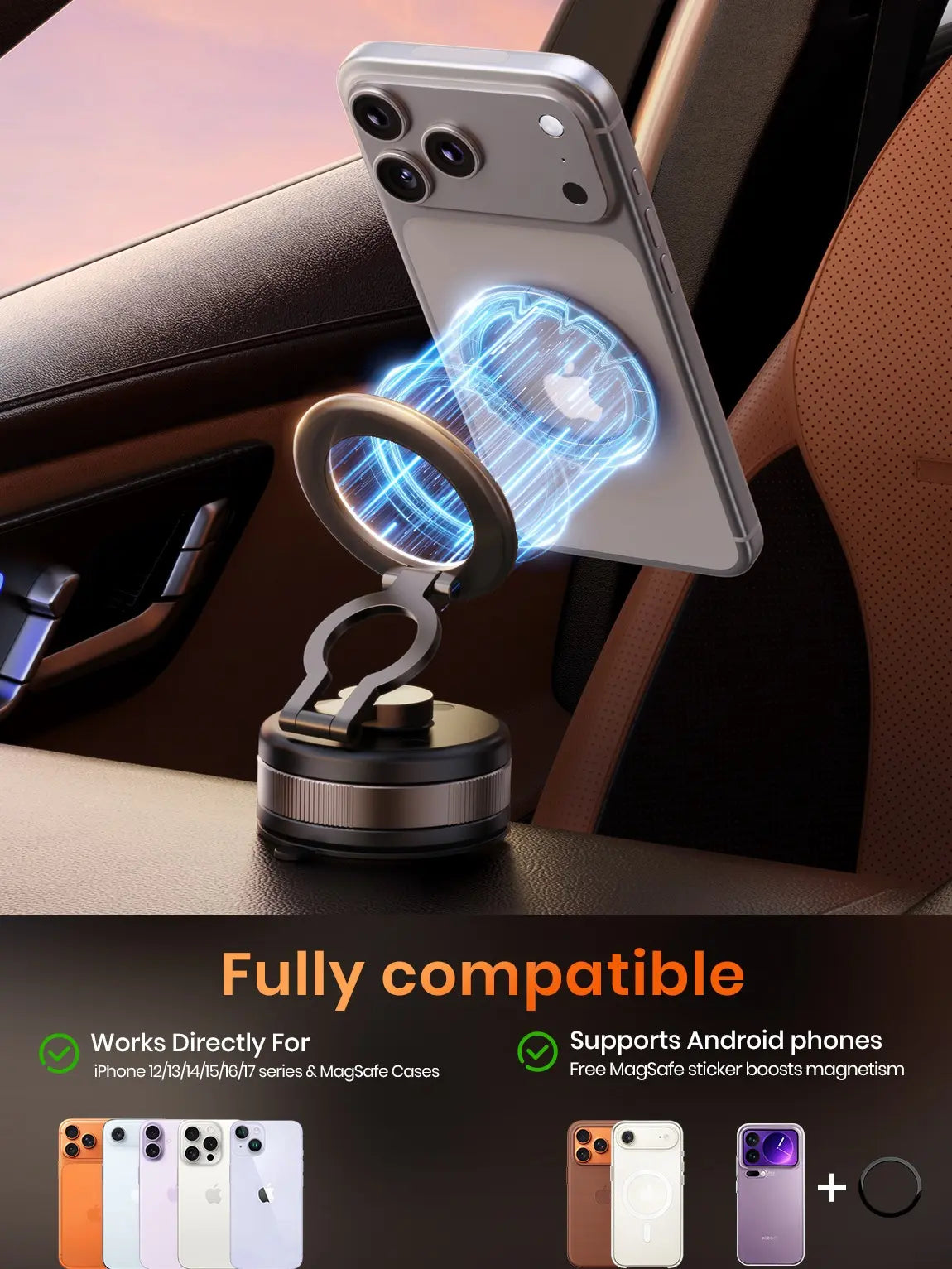 2026 Vacuum Magnetic Mobile Phone Holder Car, 360° Rotatable Black | Vacuum Mobile Phone Holder Car Magnet with 2500 Gf Strongest Magnet, for Car/Mirror/Iphone 17 Pro Max 16/15 & Samsung