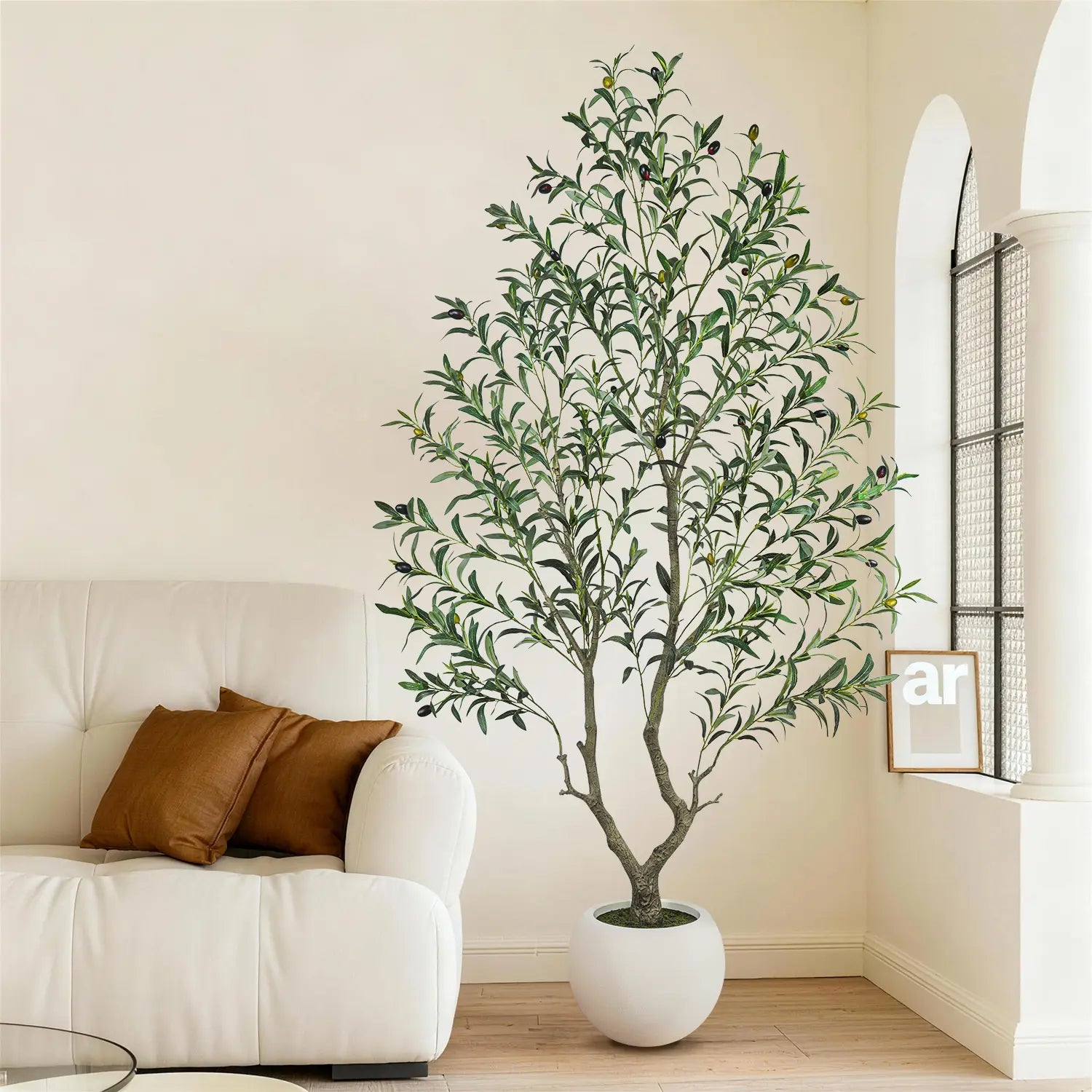 Artificial Olive Tree (Optional round White Plastic Pot) — Features a Sturdy Trunk and Realistic Fruit; Available in Heights Ranging from 5 to 8 Feet, Making It an Ideal Choice for Home and Office Décor