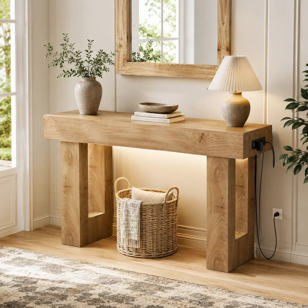 47'' Farmhouse Console Table with Power Outlets and Motion Sensor Light, Wooden Entryway Table Sofa Table for Entrance, Hallway, Living Room,Dorm Essentials,Home Decor