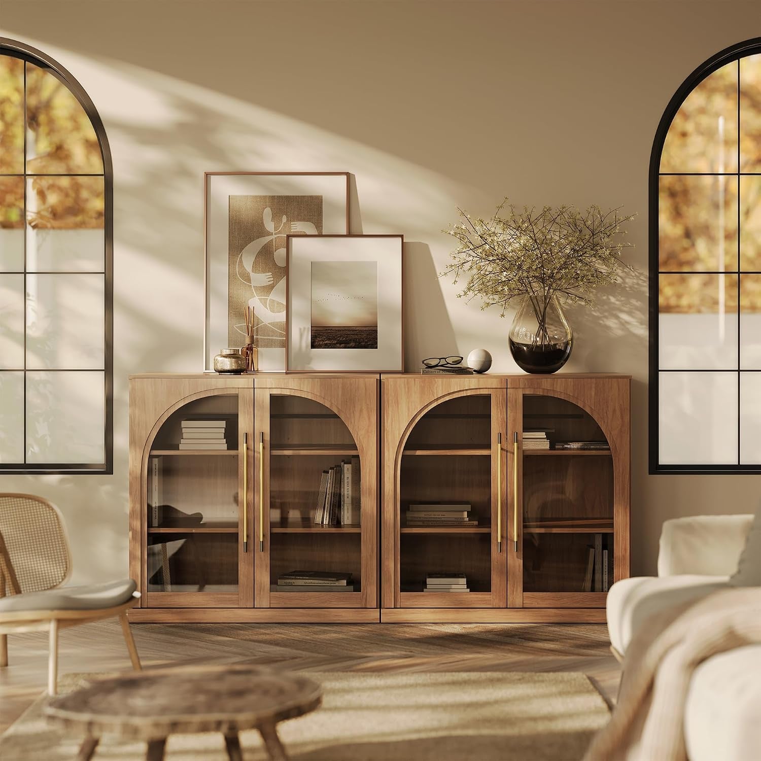 Set of 2 Modular Sideboard with Arched Glass Door, 65'' Accent Display Buffet Cabinet with Storage and Adjustable Shelves,Classic Modern Credenza for Living Room Kitchen Entryway (Camel)