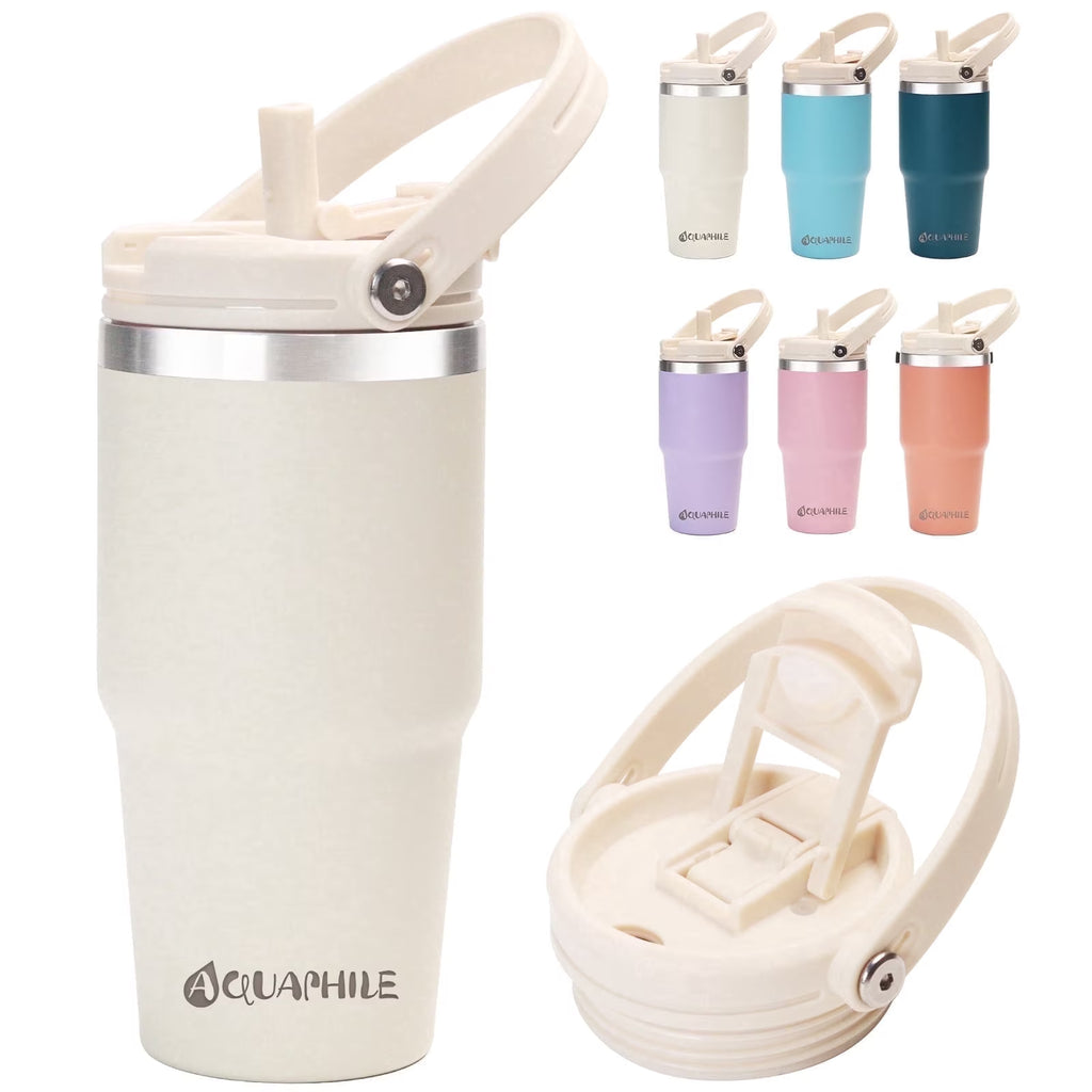20 Oz Insulated Water Bottles with Straw Lid, Double Walled Vacuum Stainless Steel Travel Tumbler with Handle and Straw, Wide Mouth Thermos Bottle, Ivory