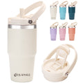 20 Oz Insulated Water Bottles with Straw Lid, Double Walled Vacuum Stainless Steel Travel Tumbler with Handle and Straw, Wide Mouth Thermos Bottle, Ivory