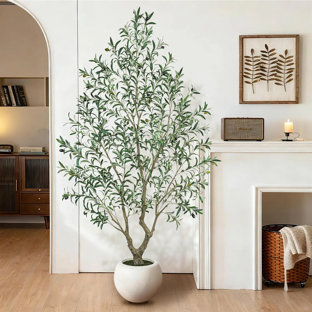 Artificial Olive Tree (Optional round White Plastic Pot) — Features a Sturdy Trunk and Realistic Fruit; Available in Heights Ranging from 5 to 8 Feet, Making It an Ideal Choice for Home and Office Décor