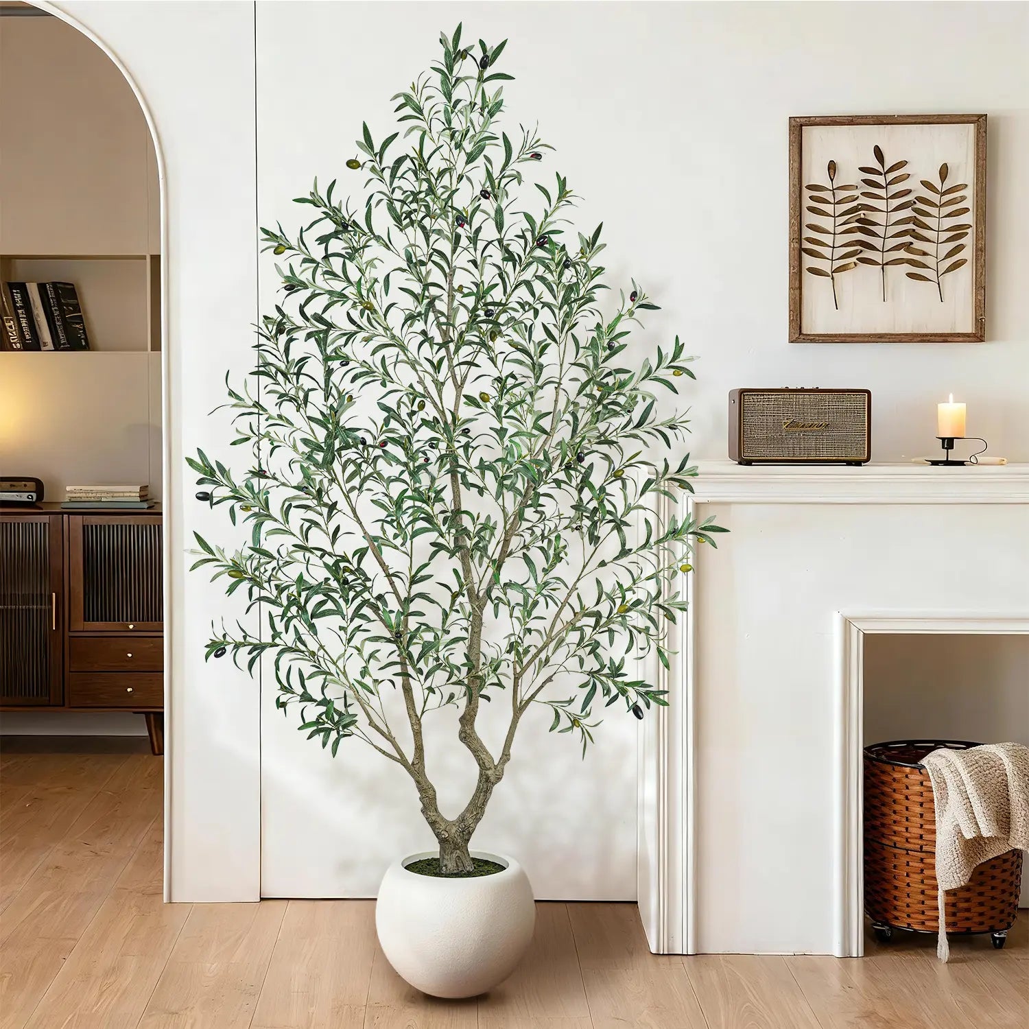 Artificial Olive Tree (Optional round White Plastic Pot) — Features a Sturdy Trunk and Realistic Fruit; Available in Heights Ranging from 5 to 8 Feet, Making It an Ideal Choice for Home and Office Décor
