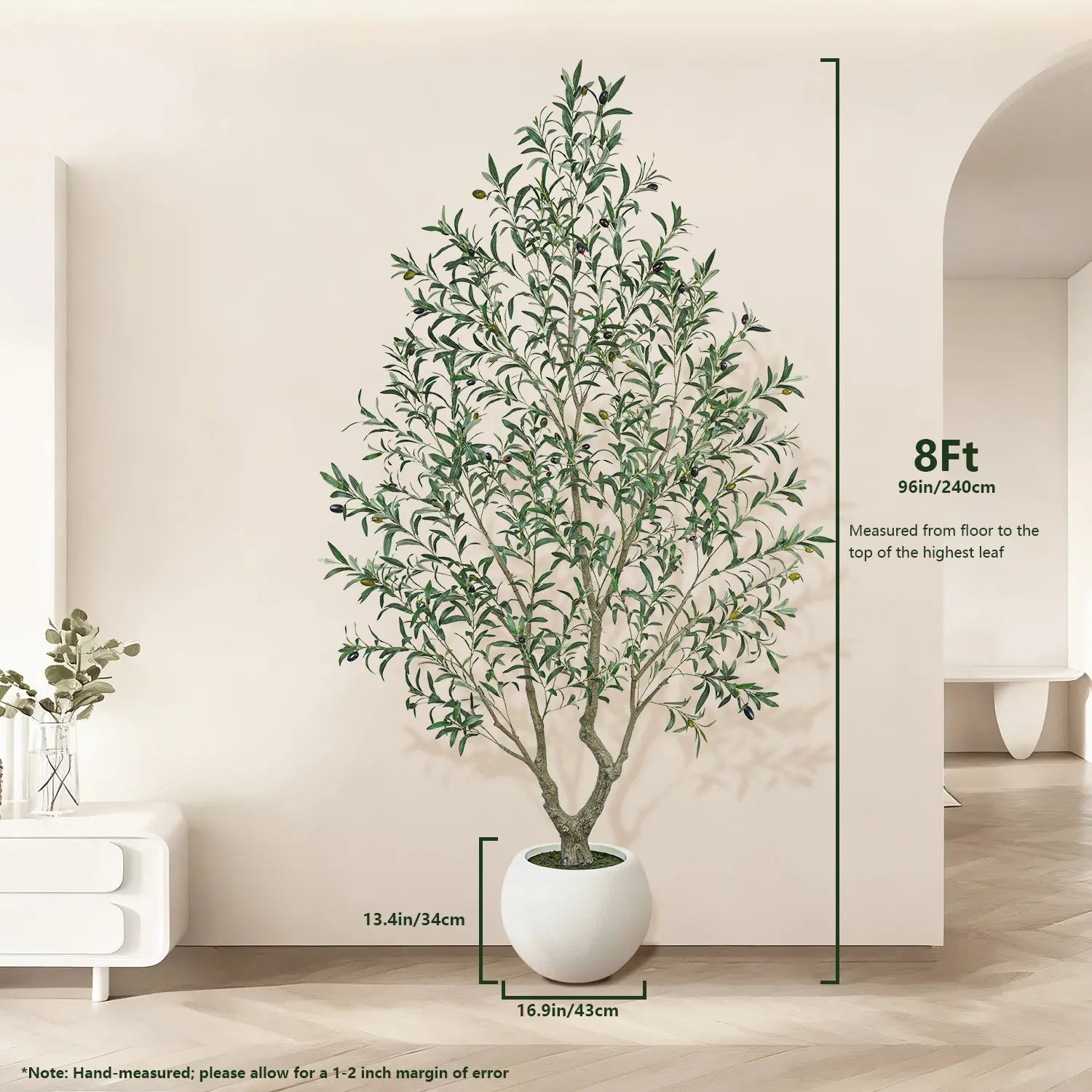 Artificial Olive Tree (Optional round White Plastic Pot) — Features a Sturdy Trunk and Realistic Fruit; Available in Heights Ranging from 5 to 8 Feet, Making It an Ideal Choice for Home and Office Décor